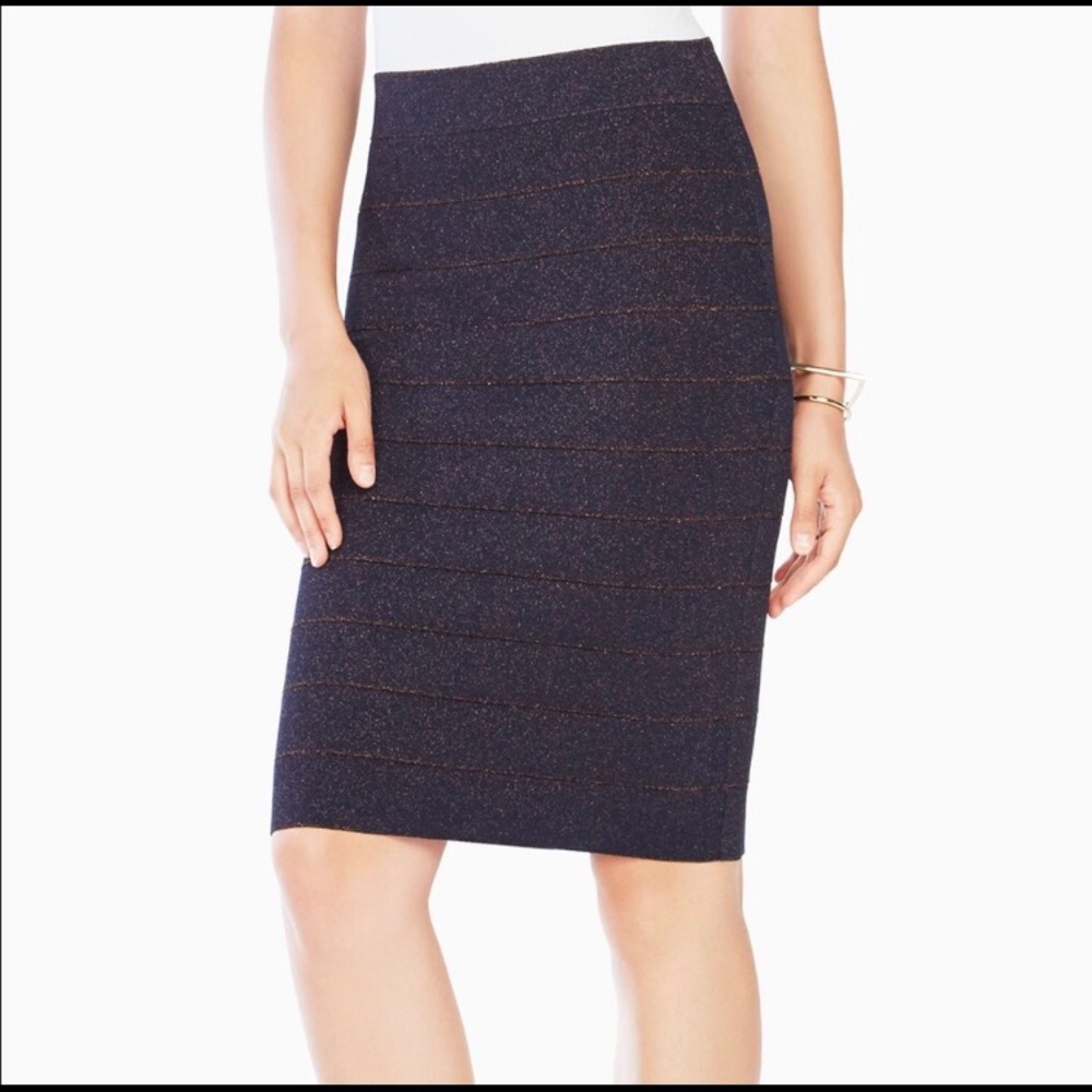 BCBG Navy Metallic Bandage Pencil Pull on Skirt